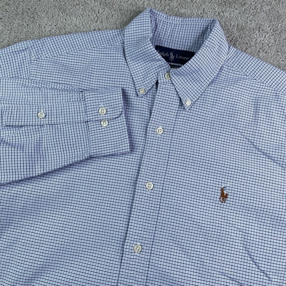 Ralph Lauren Shirt Mens 15.5 32 Blue Check Classic Fit Button Down Oxford OCBD
